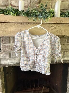 Y2K Pastel Houndstooth Button-Front Top - Blue & Cream